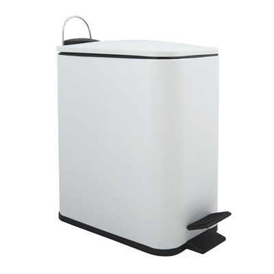 Spirella, Poubelle à pédale 5 Litres, Modèle Erik, Rectangulaire, Fermeture douce et silencieuse grâce au système slow close, Utilisation sécurisée avec des pédales antidérapantes, Blanc Mat