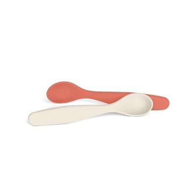 Suavinex, Verpakking met 2 kinderlepels voor baby's, geschikt voor gevoelig tandvlees, ideaal voor pap en dranken, vaatwasmachinebestendig, voor baby's vanaf 6 maanden, koraal + grijs