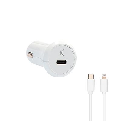 Ksix billaddare, 18W, Snabbladdning, Power Delivery + kabel Made for iPhone USB-C till Lightning, Vit