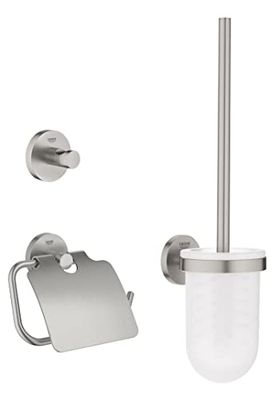 Grohe Start QuickFix - Set de accesorios 3-en-1, gris mate, Portarollos con tapa, colgador individual y set escobillero, para pegar (pegamento QuickGlue A1) o atornillar, ref. 41204DC0
