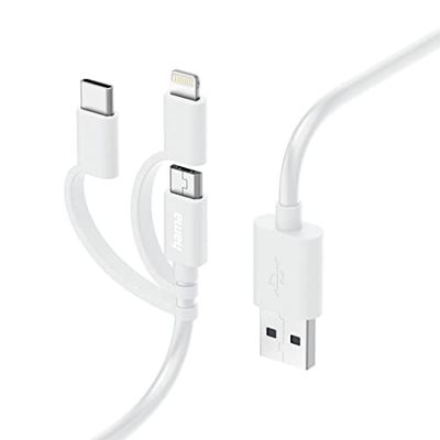 Hama Câble Multi USB Lightning (Cable de charge multi, 3en1, USB-A/micro-USB/USB-C, Lightning, 1 m, Certifié MFI, Câble USB universel iPhones iPads iPods Samsung Galaxy, Huawei, Xiaomi) Blanc