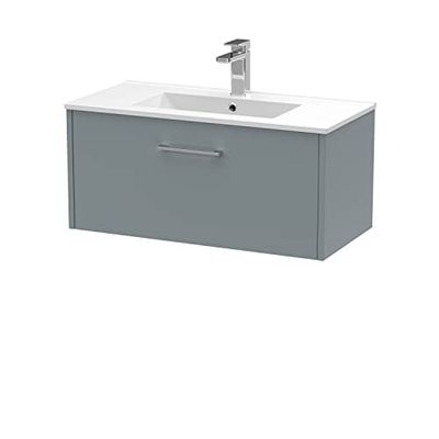 Hudson Reed JNU2325B Juno Modern Bathroom Wall Hung Single Drawer Vanity with Minimalist Ceramic Basin, 800mm, Matt Coastal Grey