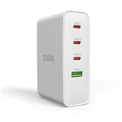 SBS Travel Adaptateur USB-C 100 W, chargeur de voyage avec prises US/UK/EU/AU, convertisseur adaptateur avec 4 ports USB, Power Delivery (PD), charge rapide pour iPhone, Samsung, MacBook et ordinateur