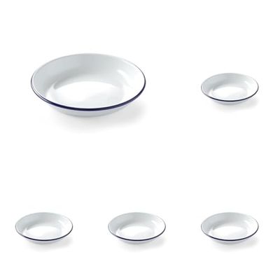 HENDI Piatto in acciaio smaltato bianco, con bordo blu, rotondo, piatto fondo, per campeggio, escursioni e picnic, ø240x(H) 40mm (Confezione da 5)