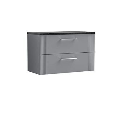 nuie DPF295LSB Deco Modern Bathroom Wall Hung 2 Drawer Part Fluted Vanity Basin Unit with Laminate Black Sparkle Worktop, 800mm, Satin Grey