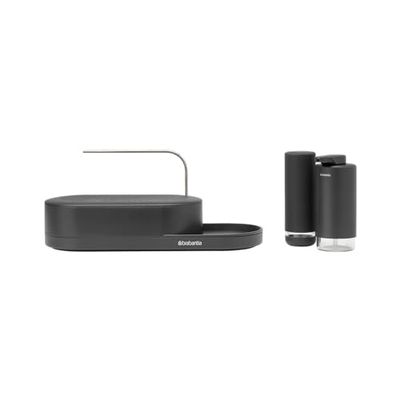 Brabantia - SinkStyle Organiseur Lot de 3 pièces avec Organiseur d'Évier, Distributeur de Savon et Distributeur Liquide Vaisselle -Design Compact, Bac d'Égouttage avec Flux d'Air, Plateau Antidérapant