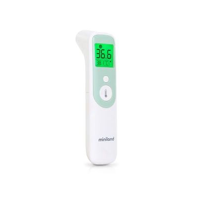 Miniland - Thermosense Plus, Termómetro Digital 3 en 1 (Frente + Oído + Líquidos), Medición Precisa 1 Segundo, Termómetro Bebé con Detección Automática, Indicador Fiebre, 40 Registros de Memoria