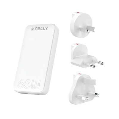 Celly, Caricabatterie Universale Da Viaggio, Ricarica Veloce con Tecnologia GaN, Presa Multipla Salvaspazio, Presa USB-C e USB-A, Adattatore Universale EU/UK/AUS/US