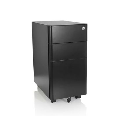 hjh OFFICE 743017 Gabinete de Archivos Móvil Color I Acero Negro, Archivador Móvil con Cerradura y 3 Cajones, Oficina, con Ruedas