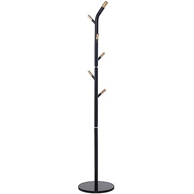 DRW Perchero de Suelo con 6 pomos de Metal y Madera con Base marmol en Negro y Natural 34x34x172 cm