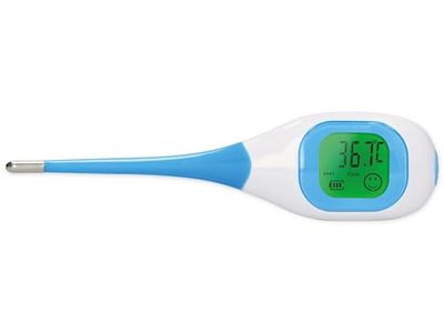 Fysic FT09 digital febertermometer – stor färgdisplay – flexibel sond – med skyddsfodral – mätningar visas med färg och emotikoner – blå/vit