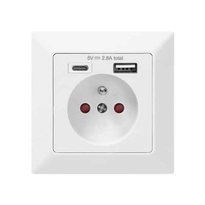 ORNO AE-13232 Prise de Courant à Encastrer Blanc, USB-A + USB-C 5VDC / 2.8A 3680W Type 2P+E Française 16A