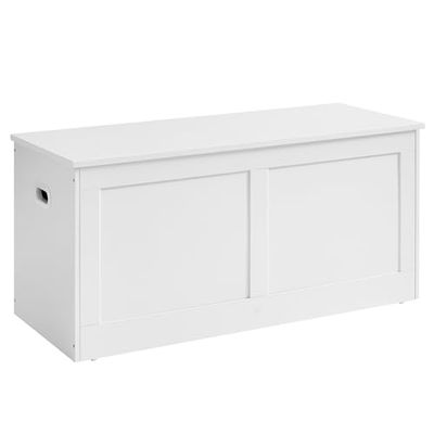 VASAGLE Coffre de Rangement, Banc de Rangement, Coffre pour Couvertures avec 2 Charnières de Sécurité, 40 x 100 x 46,5 cm, pour Entrée, Salon, Blanc Nuage LSB164W01