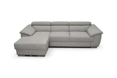 Domo Collection David - Divano angolare con funzione schienale, divano ad angolo con funzione sleep e cassapanca (vano portaoggetti), 272 x 166 cm, divano Funtkion con anima in piuma di colore grigio