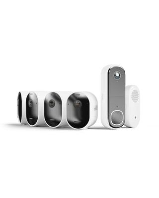Arlo Pro 5 Telecamera WiFi Esterno Senza Fili, Visione Notturna Colori, Prova Inclusa Secure, 4 Telecamere, Bianche & Arlo Essential 2K Videocitofono + Campanello Chime, Citofono Smart, Sirena, Bianco
