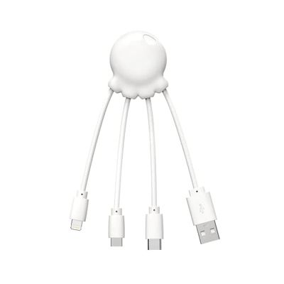 Xoopar Octopus - Câble Multi USB 4 en 1 en Forme de Pieuvre - Chargeur Universel en Plastique Recyclé - Prise USB-C, Lightning, USB-A, Micro USB pour Smartphone - Blanc