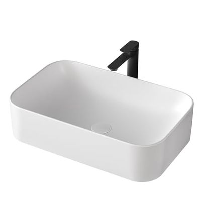 EMKE Lavabo à poser rectangulaire 61 x 38 x 15 cm, lavabo pour toilettes, lavabo en céramique pour salles de bain, blanc mat