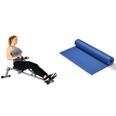 Sunny Health & Fitness SF-RW1205 12 Adjustable Resistance Rowing Machine Rower w/Digital Monitor + Yoga Mat - Blue