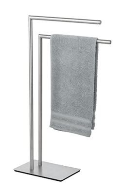 WENKO Portasciugamani Recco, portasciugamani da pavimento in acciaio inossidabile satinato con base pesante per un appoggio sicuro, due aste per riporre gli asciugamani, 48 x 80,5 x 20 cm