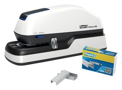 Rapid Optima 20E Cucitrice Elettrica Contactless Automatica a Batterie o con Alimentatore, Cuce Fino a 20 Fogli, Include 1000 Punti Metallici, Bianco, 2102351