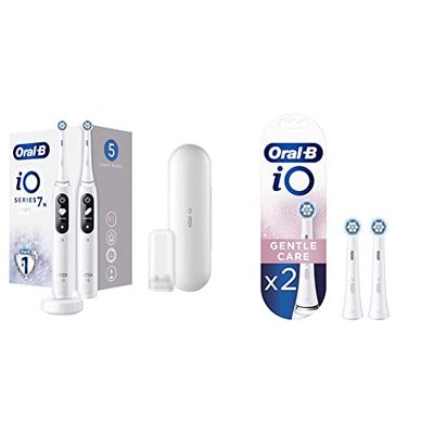 Oral-B iO 7n Duopack, Brosse à Dents Électrique Rechargeable, 2 Manches, 2 Brossette et Étuis de Voyage Premium Offert, Blanc & iO Gentle Care Brossettes de Recharge, Pack de 2