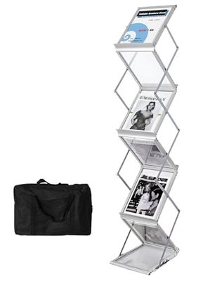TUKA-i-AKUT Espositore per Brochure Pieghevole 6 Scomparti A4, in Alluminio / Acrilico, Incl. Alluminio Valigia, Portadepliant da Pavimento, Supporto da Terra per Riviste Cataloghi, Argento TKD8430