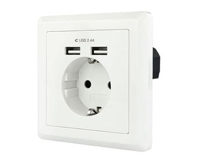 Base de Enchufe - Enchufe de Pared Tipo schuko con 2 Tomas USB, MAX. 2.4A, Color Blanco, Ideal para Cargar Dispositivos electrónicos.