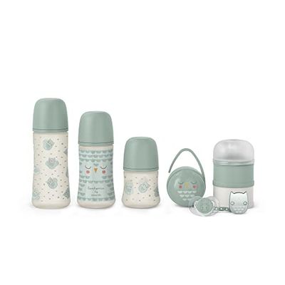 Suavinex, Premium set voor pasgeborenen, 150 ml/270 ml/360 ml + fopspeen 0-6 maanden met fysieke speen SX Pro + melkdispenser, duo fopspeenhouder + clipsluiting, groen