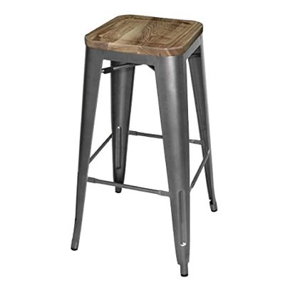 Bolero Grey Steel Bistro High Stools Wooden Seat Pad 770X430X430mm Chair 4pc