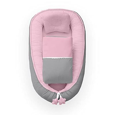 KOSPU Babynest avec Oreiller et Couverture pour Bébé, 100 % Coton, Rembourrage en Mousse de Polyester et Perles de Silicone, Pare-Chocs 90 X 70 cm, Couverture Bébé 75 X 50 cm