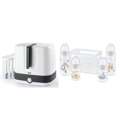 NUK 10251013 Vario Express Ångsterilisator 3-i-1 Modulär för upp till 6 Barnflaskor, Vit & NUK First Choice+ startset med nappflaskor | 0–6 månader | 4 nappflaskor med temperaturkontroll | 5 delar