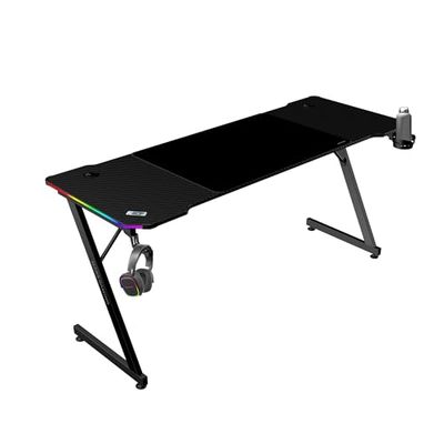 Mars Gaming MGD-X160RGB, Mesa Gaming Ergonómica, Iluminación ARGB con Mando, Fibra de Carbono, Alfombrilla XXL, Soporte Auriculares y Bebida, Gestión Cableado, Escritorio Gaming 160x60cm, Negro