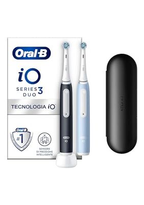 Oral-B Spazzolino Elettrico Ricaricabile iO 3 Nero e Blu, 2 Testine Di Ricambio, 1 Custodia Da Viaggio. Confezione Doppia. 2 Spazzolini