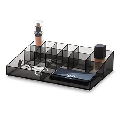 iDesign Make-uporganizer met 13 compartimenten uit de Signature Series van Sarah Tanno, RPET Cosmetics opbergunit, make-upborstelhouder, rook/matzwart, 30.48/20.32/7.47