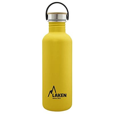 Bot. ac. inox Basic 1L,tapón acero/bambú - Amarillo