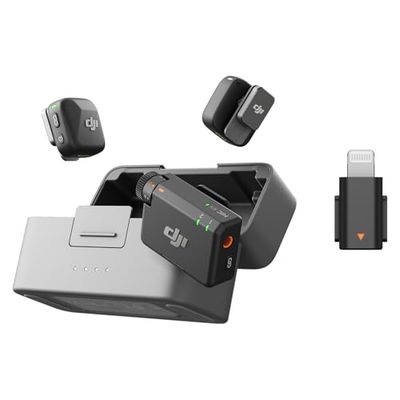 DJI Mic Mini (2 TX + 1 RX + Custodia di ricarica) con adattatore smartphone (Lightning) per Mic Mini, leggero, audio di alta qualità, 48 ore di utilizzo, microfono senza fili, dirette streaming