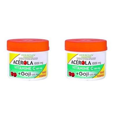 HERBESAN®-ACEROLA 1000 + GOJI-Haute concentration en Vitamine C-Réduction de la fatigue- Acérola naturelle - 90 comprimés à croquer (Lot de 2)