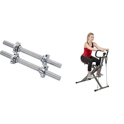 Sunny Health and Fitness Row-N-Ride™ PRO Squat Assist Trainer, Rowing Machine w/Digital Monitor + 35.5 cm Threaded Chrome Dumbbell Bar