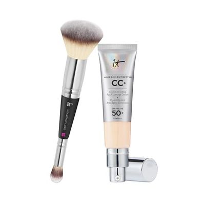IT Cosmetics, Lot de 2 produits, Crème CC+ Anti-Âge Your Skin But Better, Haute Couvrance, Waterproof, Fini Naturel, 32 ml, Teinte Fair Light + Heavenly Luxe 7, Pinceau Double Embout