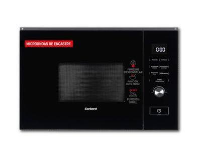 Corberó - Microondas 20 Litros | CMICM20GLNINTEG | Potencia 800W | Cristal Negro | Auto Menú | Descongelar | Grill | 5 Niveles Potencia | Control Touch | Temporizador 95 min | Plato Giratorio 255mm