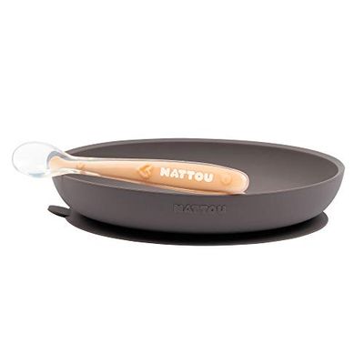Nattou Silikonsele för barn, halkfri tallrik sked, BPA-fri, silikon, lila/orange