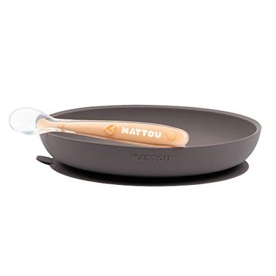 Nattou Set Repas en Silicone Pour Enfants, Assiette Antidérapante + Cuillère, Sans BPA, Silicone, Violet/Orange