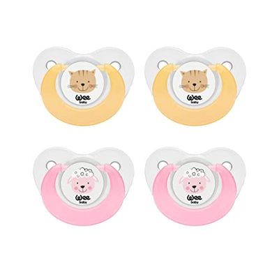 Wee Baby (Pack de 4) Tétine pour bébé | Tétine de dentition à motifs d’animaux avec tétine orthodontique en silicone pour des dents saines | Tétine avec trous d’aération pour éviter les irritations