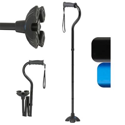 Medline Offset Folding Cane with 4-Point Base with Cushioned Gel Handle, Lightweight and Extra Stable, Black