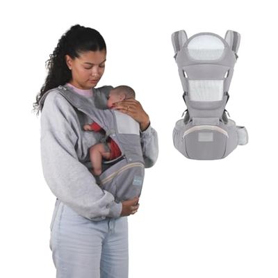 Mobiclinic® kids, Porte-bébé, 6 en 1, Moley, Multiposition, Pliable, Poche zippée, Porte-biberon, Coton premium doux, 0-36 mois, Pour nouveau-nés et enfants (gris)