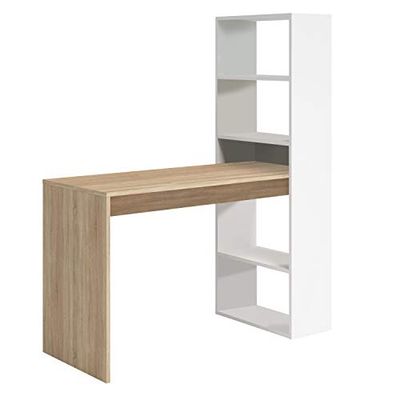 HOGAR24 ES Table d'Ordinateur avec Étagère | Bureau d'Étude Réversible | Blanc et Chêne Cambrian | 140 cm (H) x 122 cm (L) x 50 cm