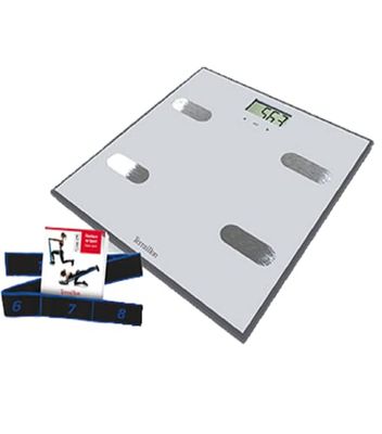Terraillon - Easy Move Elektronische Personenweegschaal - Analyse van de lichaamsmassa, BMI, 8 gebruikersgeheugen, 150 kg - Elastische sportband en boekje met 17 oefeningen inbegrepen - Grijs