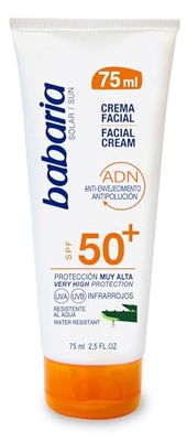 Babaria - Crema Solar Facial SPF50+ UVA-UVB e Infrarrojos, Contiene Aloe Vera, Anti-Envejecimiento y Antipolución, para Uso Facial y Escote, Resistente al Agua, Vegano, Unisex - 75 ml