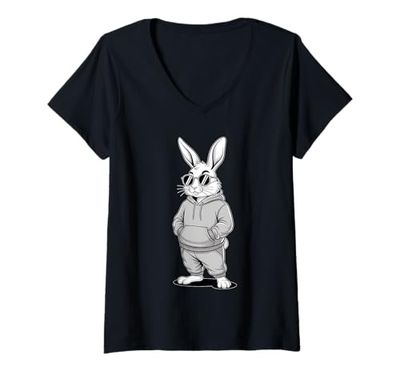 Donna Bunny With Sunglasses And Hoodie Happy Easter Day Bunny Face Maglietta con Collo a V