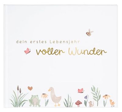 goldbuch 513 babydagboek Voller Wunder Weide White, herinneringsalbum met 100 geïllustreerde pagina's, omslag met gouden reliëf en een weidemotief, herinneringsalbum, babyalbum ca. 24,5 x 22,5 x 3,5